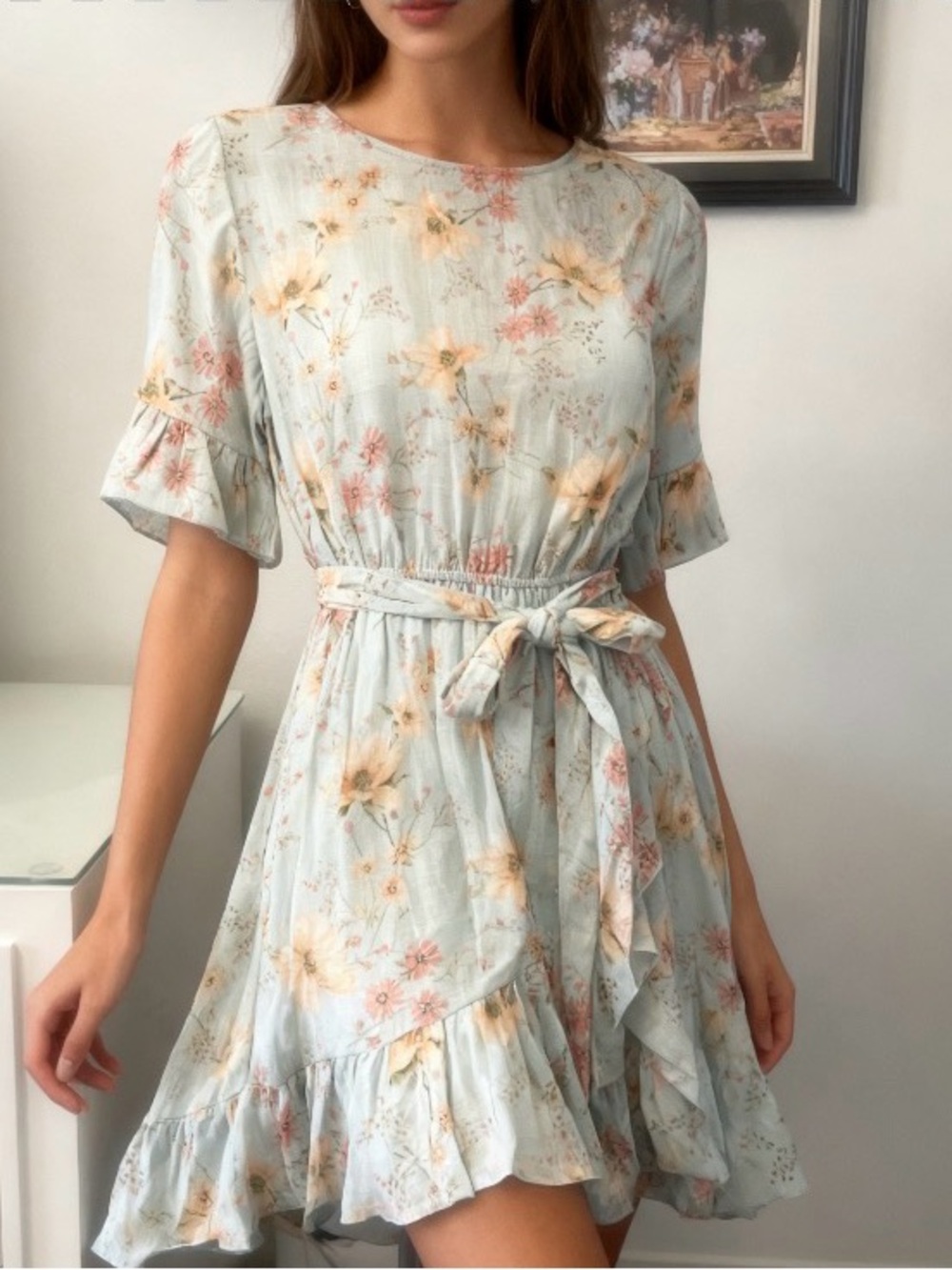NWT Pastel Floral Tie-Waist Mini Dress